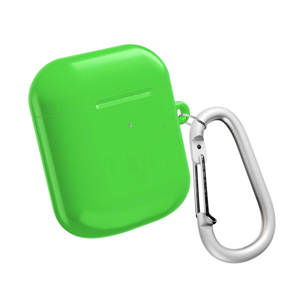 Lime green hard shell AirPods protective case with carabiner clip, durable and lightweight, for AirPods and AirPods Pro, scratch and bump resistant, glossy finish, wireless charging compatible.