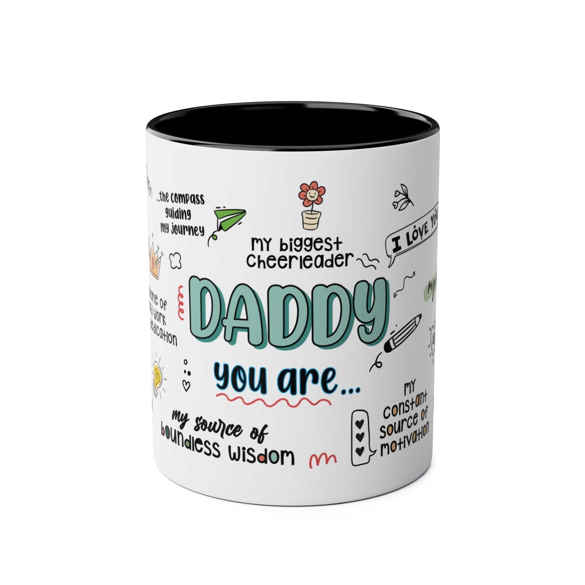 Fathers Day Gift Mug with fun dad-themed graphics, ceramic, 11oz, available in 6 colors.