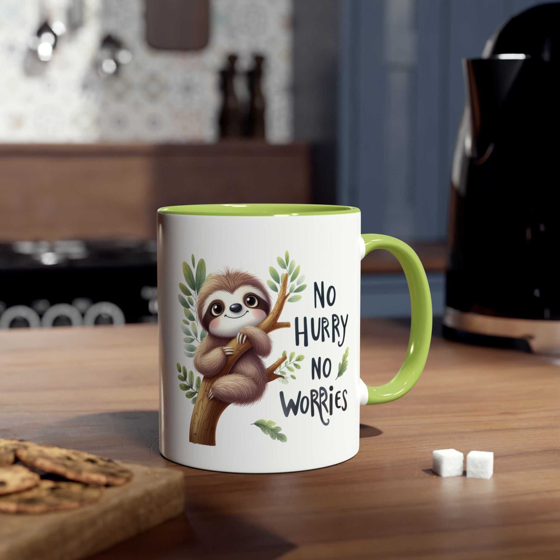 Cute sloth coffee mug with whimsical design and matching green interior, ideal for gifting.