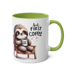 Cute sloth coffee mug with "But First Coffee" design, green interior, and matching handle.