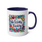 Welcome To The Fuckery coffee mug with floral design, cheeky vibes, 11oz ceramic, sublimation print, glossy finish.