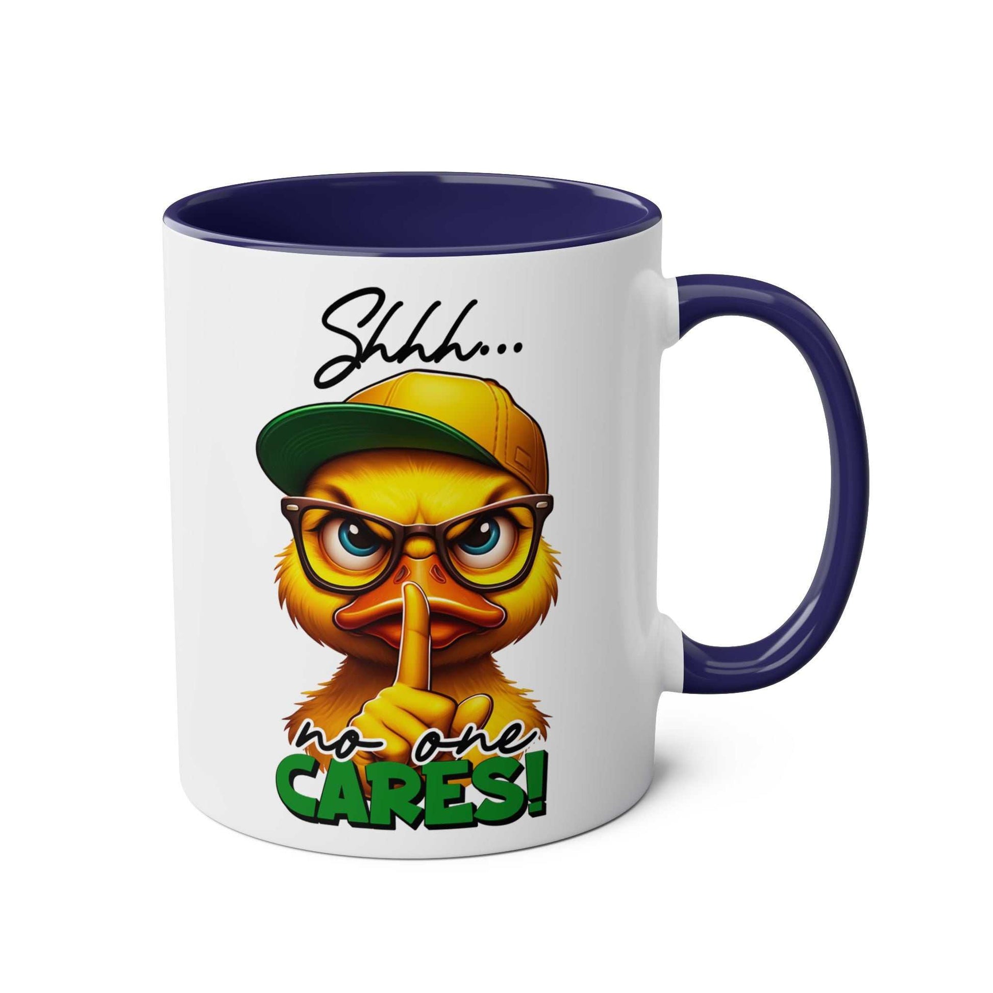 Sarky duck design No One Cares Coffee Mug with "shhh" message, ceramic, glossy finish.