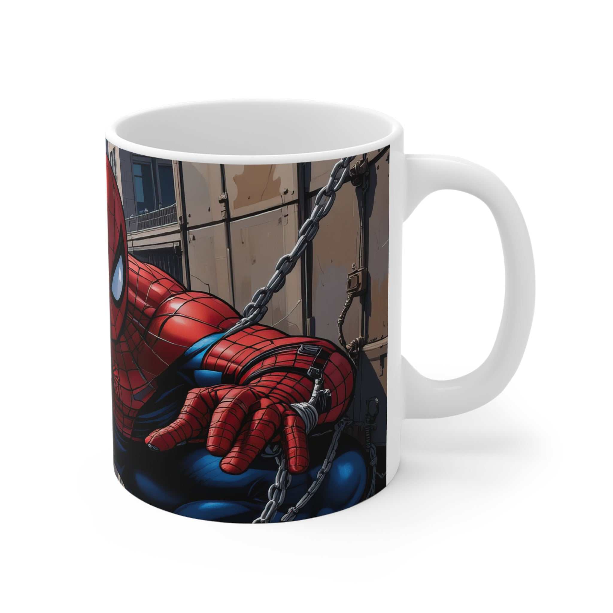 White ceramic mug featuring vibrant Spider-Man Marvel superhero comic artwork, microwave and dishwasher safe, glossy finish.