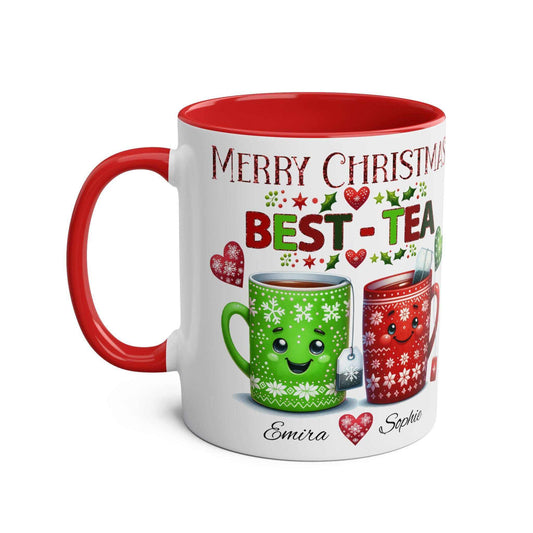 Personalised Bestie Christmas Mug with festive design and custom names on ceramic, 11oz capacity.