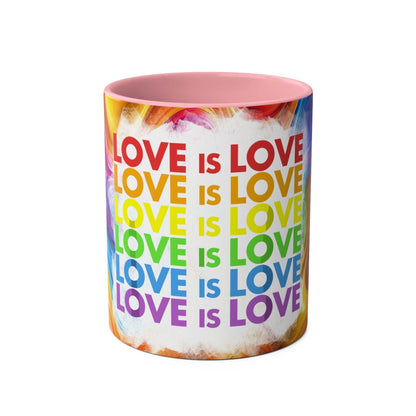 LGBTQ+ Pride mug with vibrant rainbow design and "Love is Love" text.