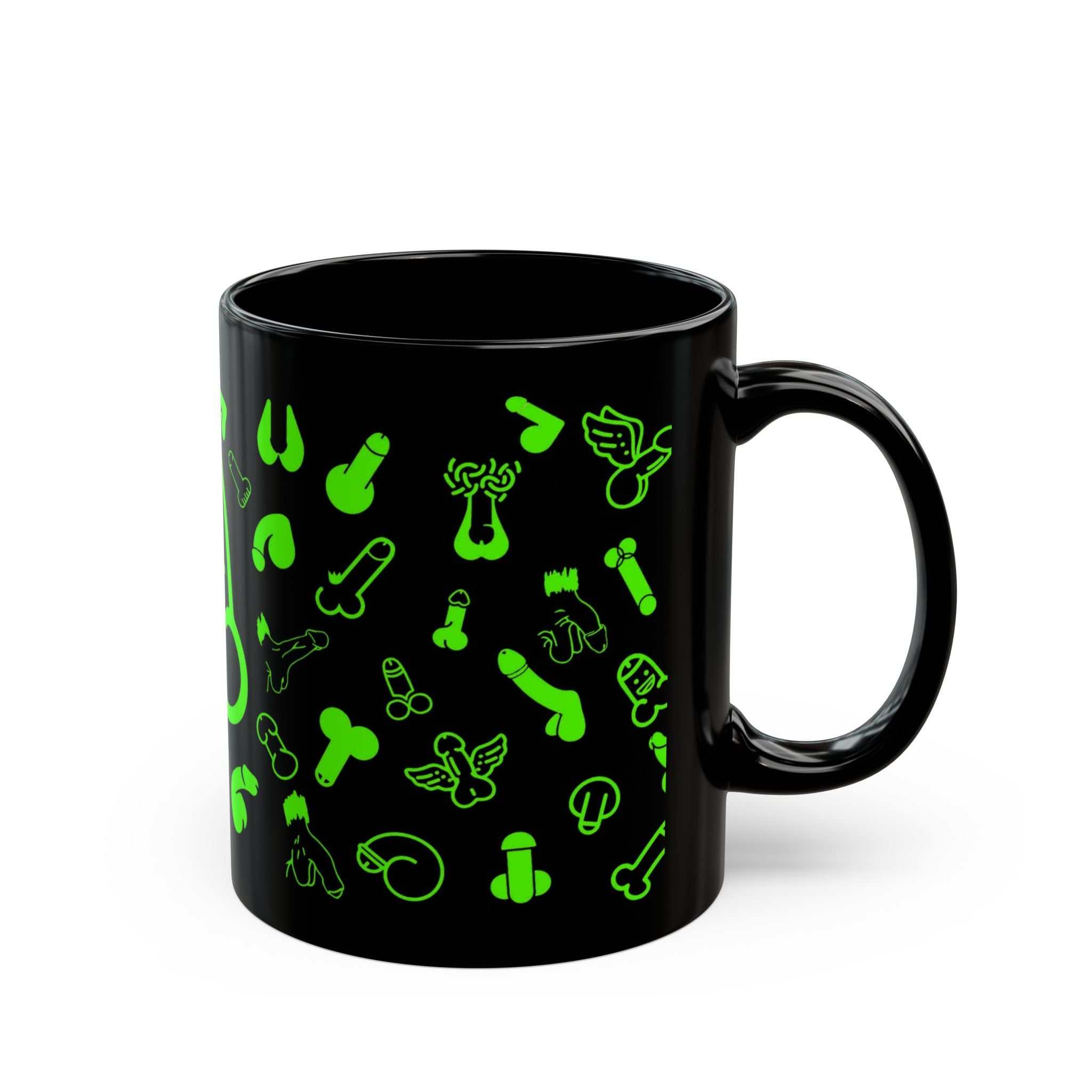 Black ceramic mug with playful bright green willie prints, glossy finish, dishwasher and microwave safe, available in 11oz and 15oz sizes.