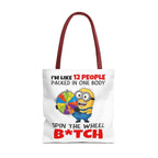 Funny Minion tote bag with cheeky design, durable spun polyester, and multiple handle colors