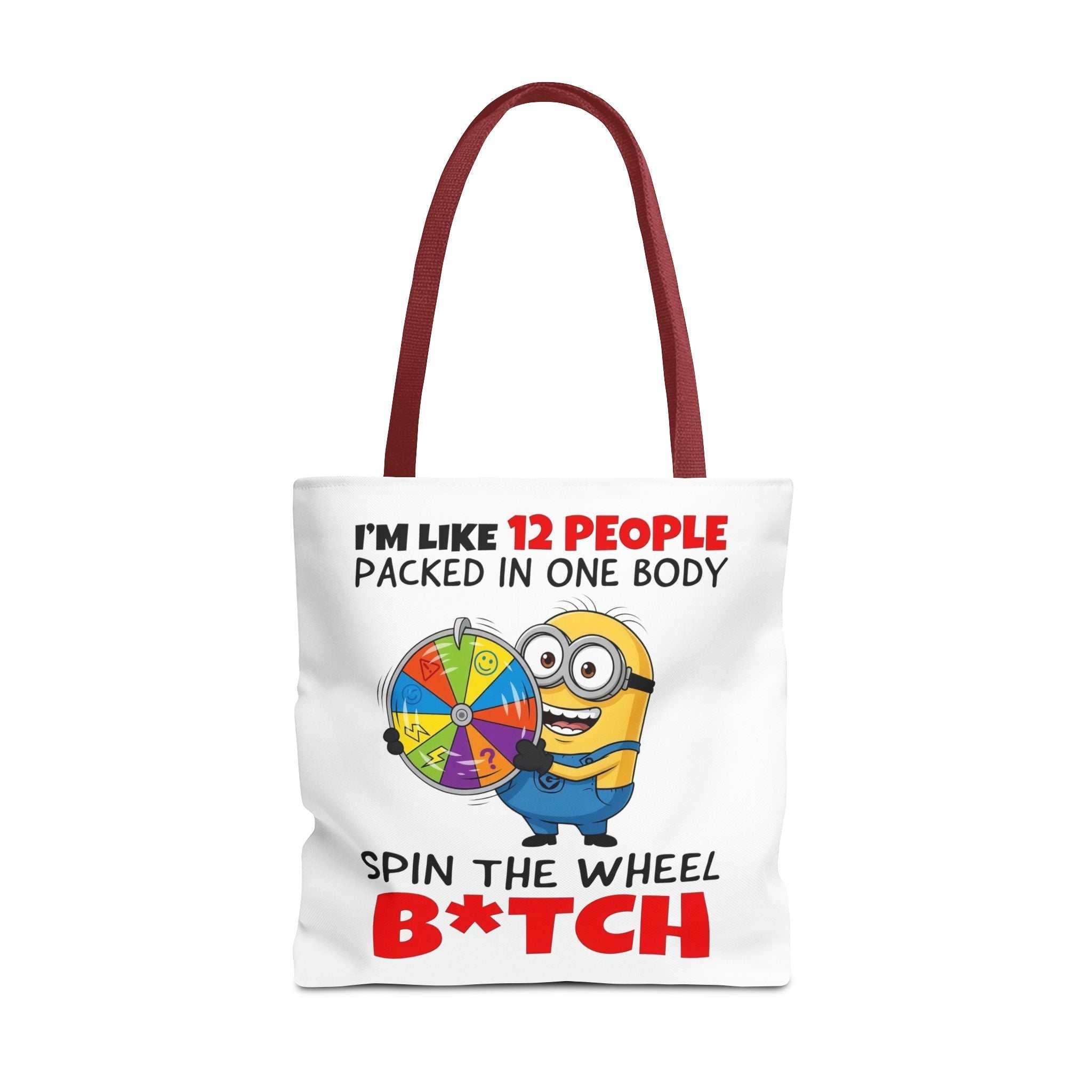 Funny Minion tote bag with cheeky design, durable spun polyester, and multiple handle colors