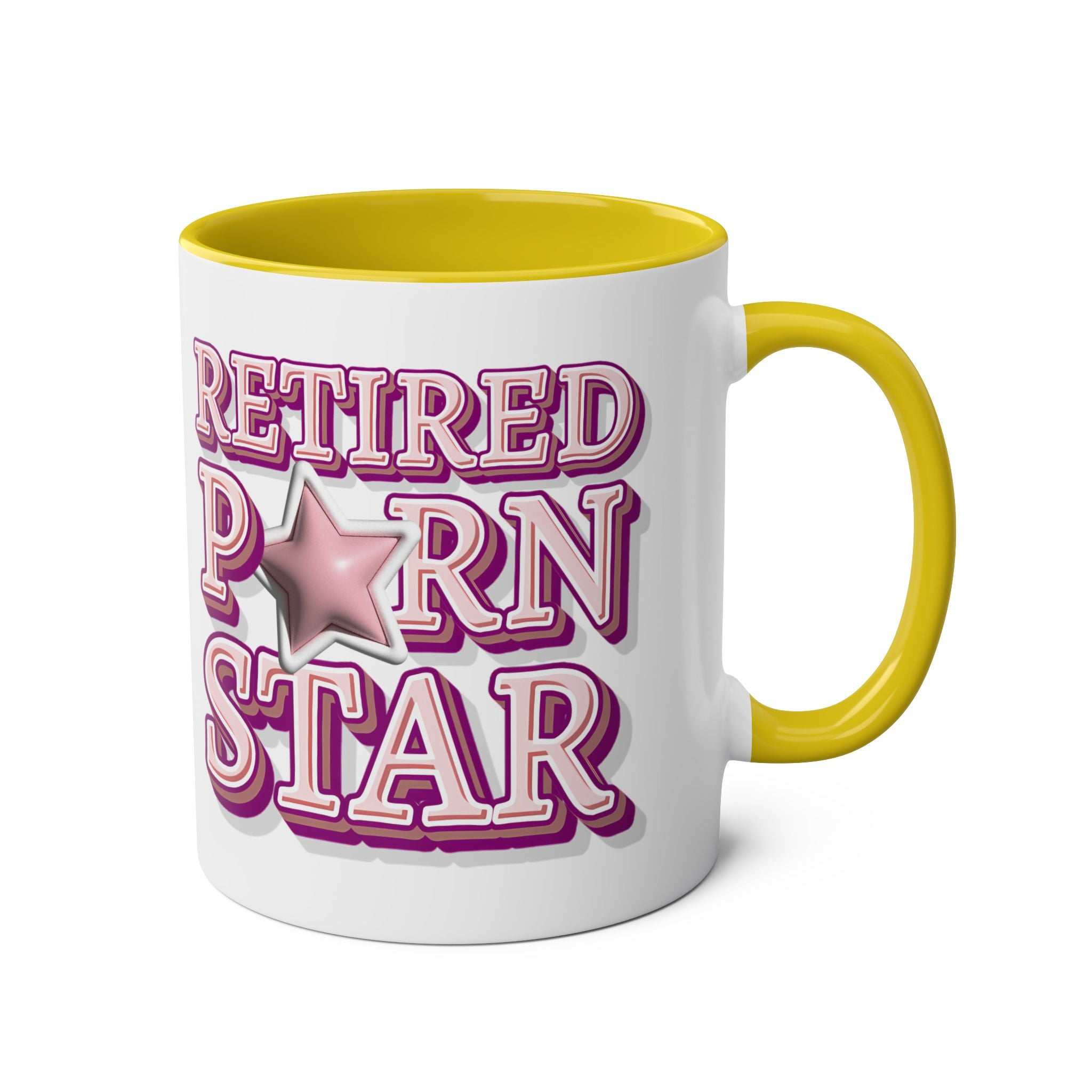 Retired Porn Star Mug with bold, cheeky text on colorful ceramic coffee cup