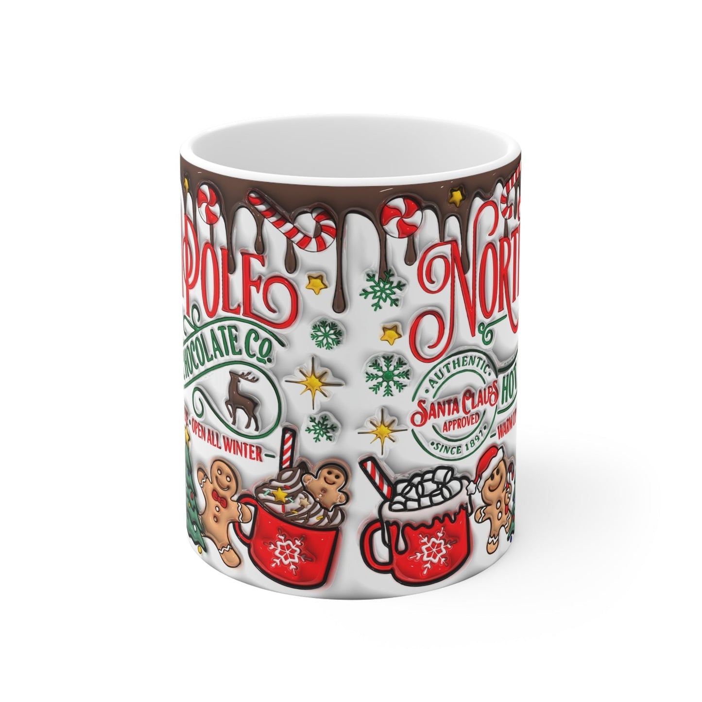 Festive North Pole Christmas mug with holiday illustrations, 11oz, ceramic, glossy finish.