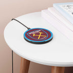 West Ham Utd Fc wireless charger with claret and blue crossed hammers design, 10W fast charging, durable aluminium casing, and non-slip base for Qi-enabled phones.
