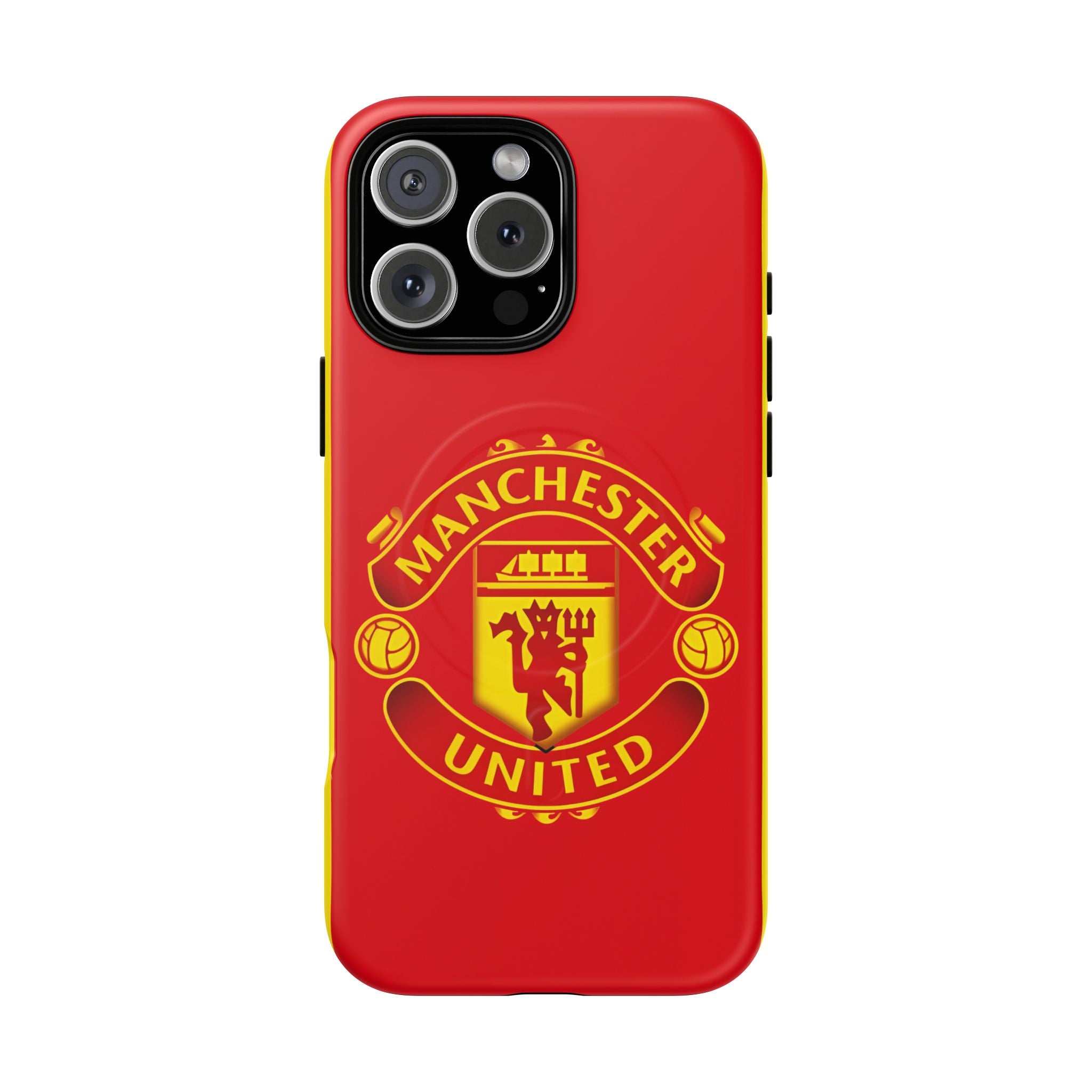 Manchester United MagSafe iPhone case with red club crest, dual-layer protection, and wireless charging compatibility