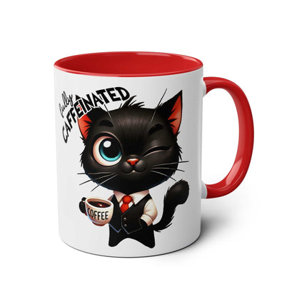 Cute black cat coffee mug with a red handle, showcasing humorous text and illustration for a fun start to your day.