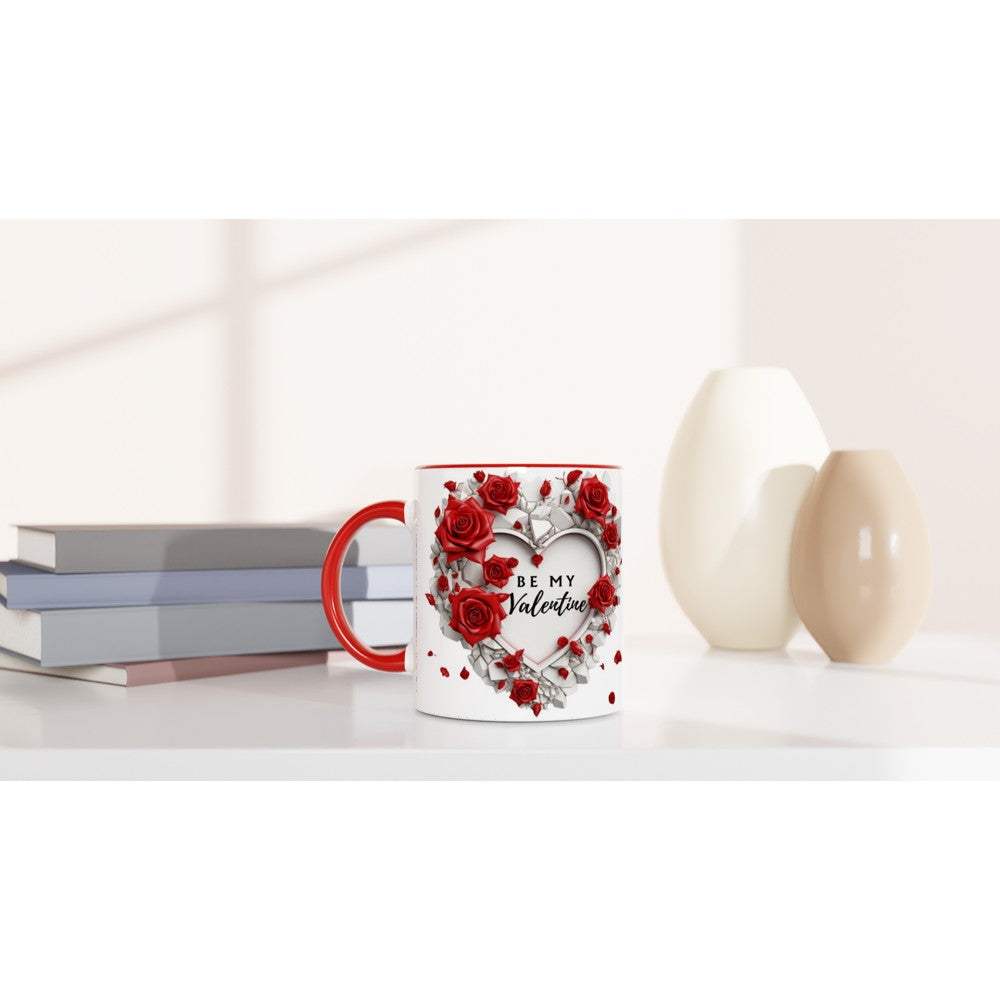 Stunning Valentine's Day mug with heart and rose design, red handle, on white background.