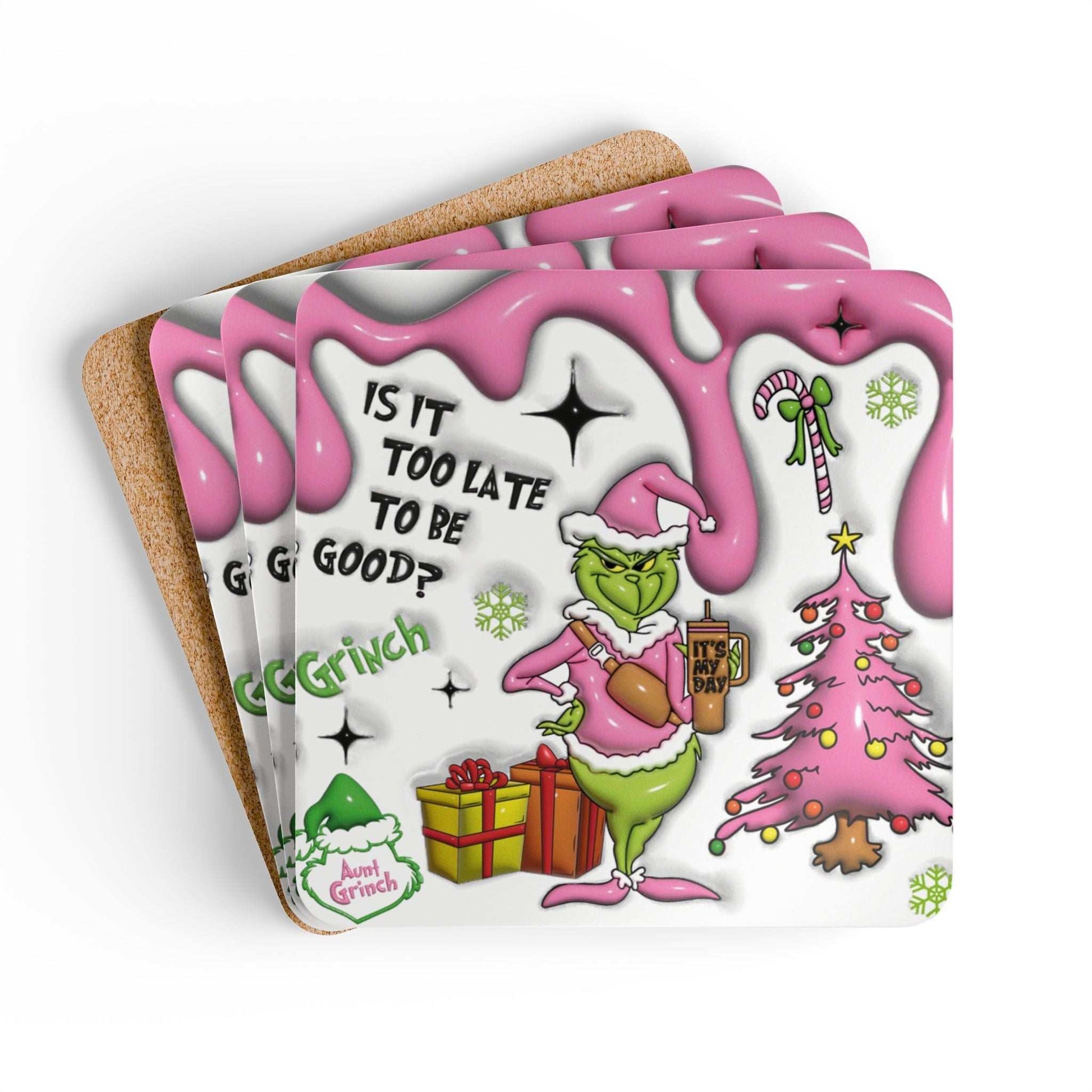 Grinch Christmas coaster set with festive design and cork backing.