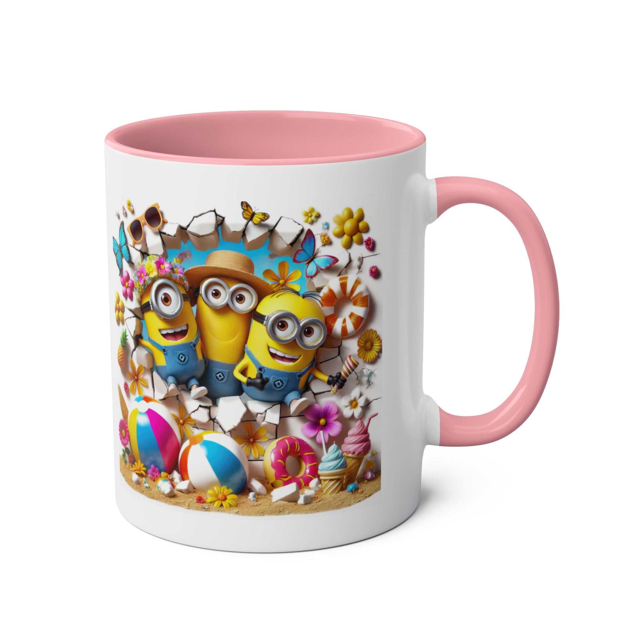 Minion Beach Themed Coffee Mug with playful design featuring Minions enjoying the beach, glossy 11oz ceramic.