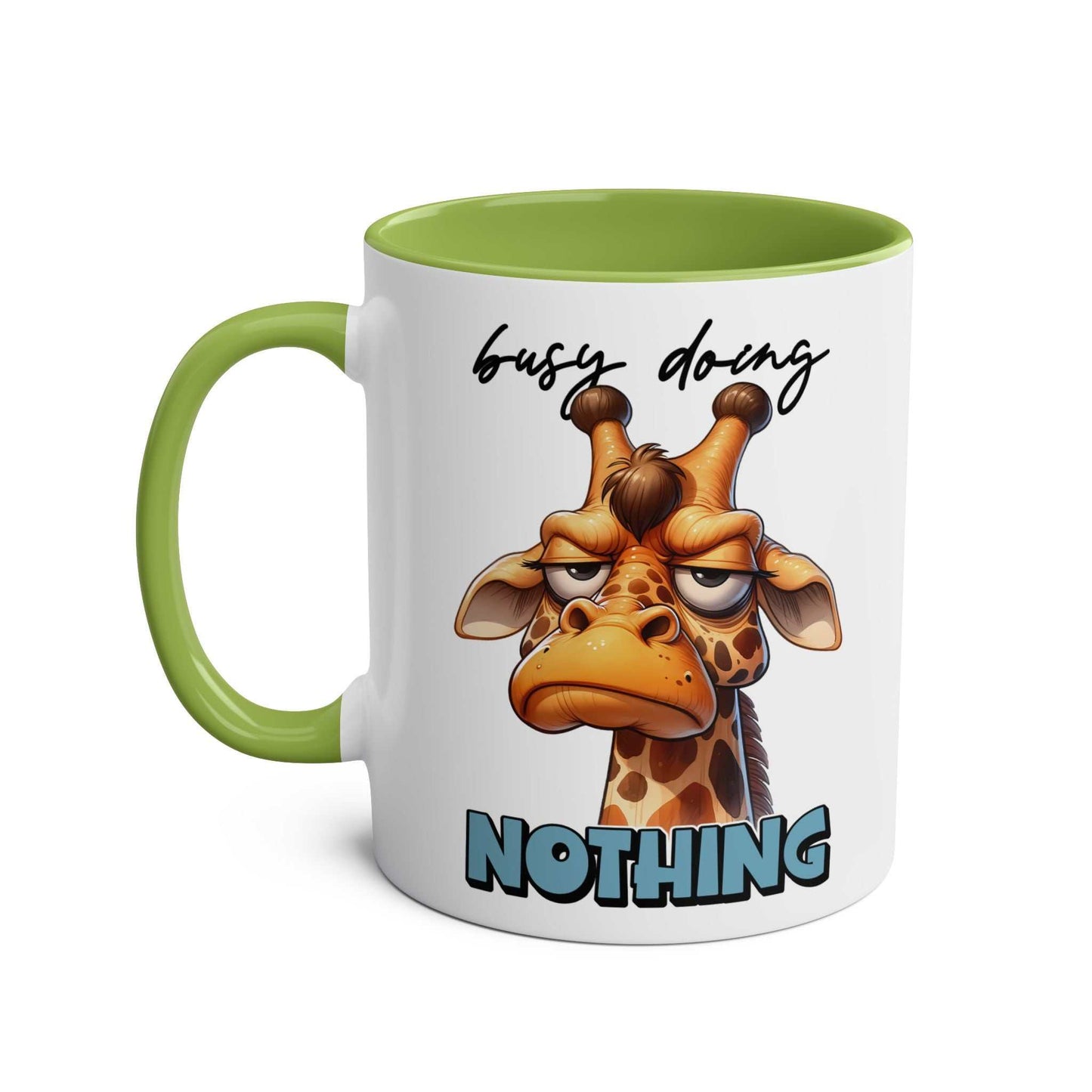 Funny giraffe design coffee mug, "Busy Doing Nothing," green handle, 11oz ceramic.