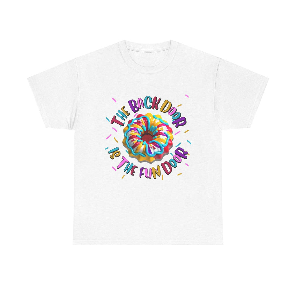 The Back Door is the Fun Door bold graphic t-shirt with cheeky humor and soft cotton fabric