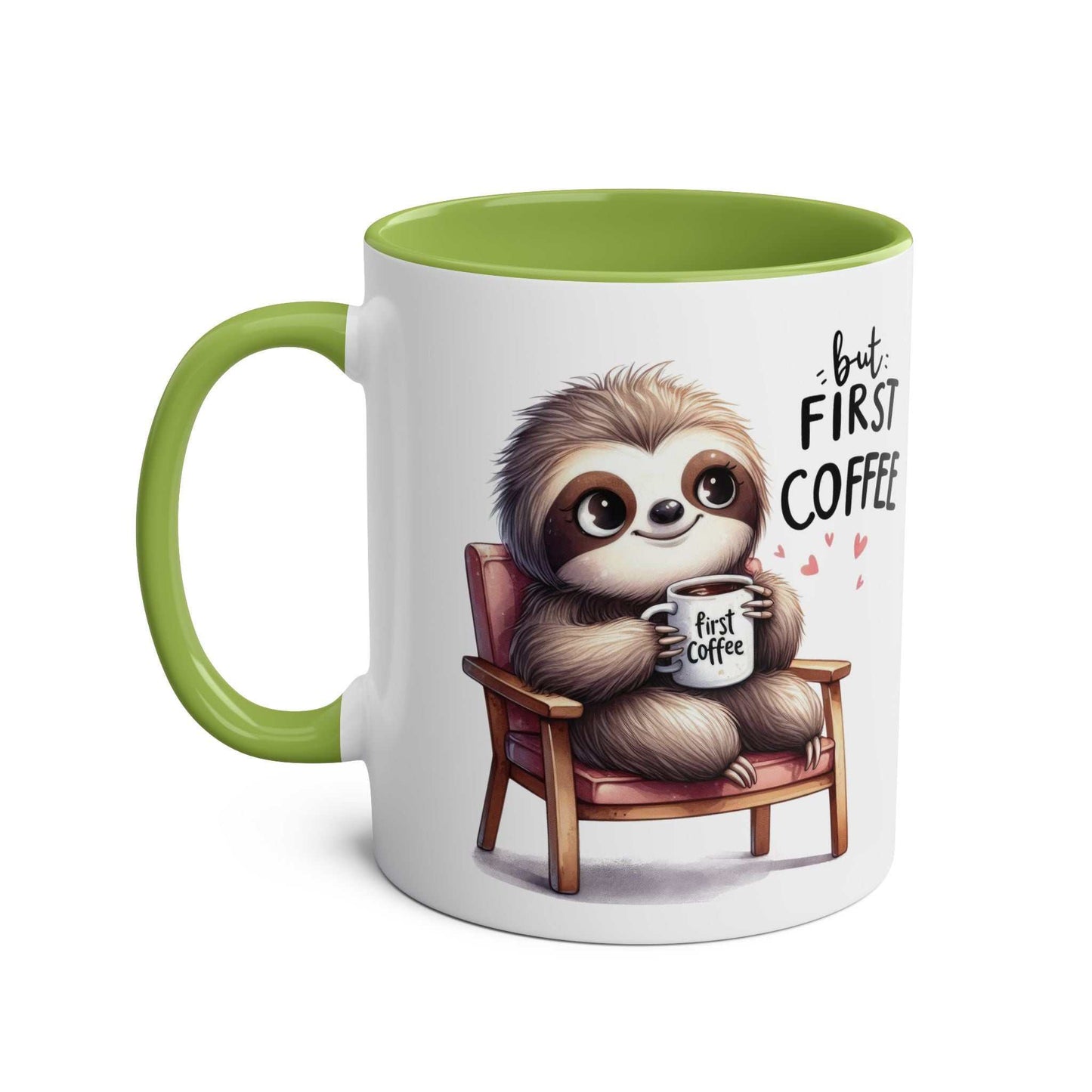 Cute sloth coffee mug with green handle and matching coaster available.