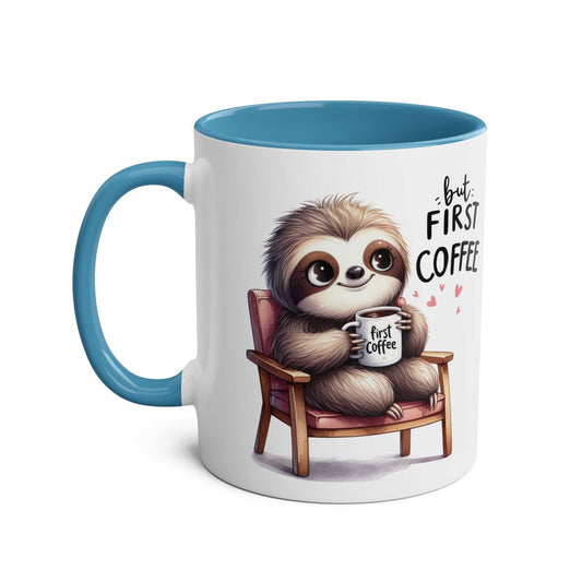 Cute sloth coffee mug with sublimation print and glossy finish.