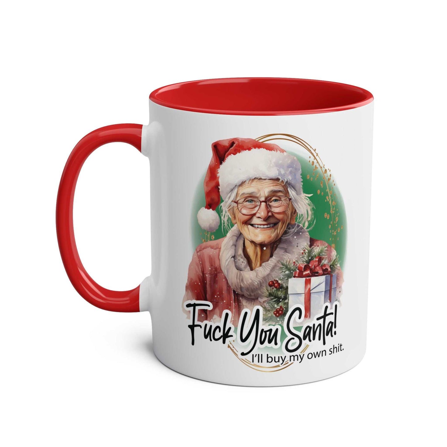 Sweary Granny Christmas Mug with festive design and cheeky message, red handle, ceramic, microwave and dishwasher safe, 11oz.