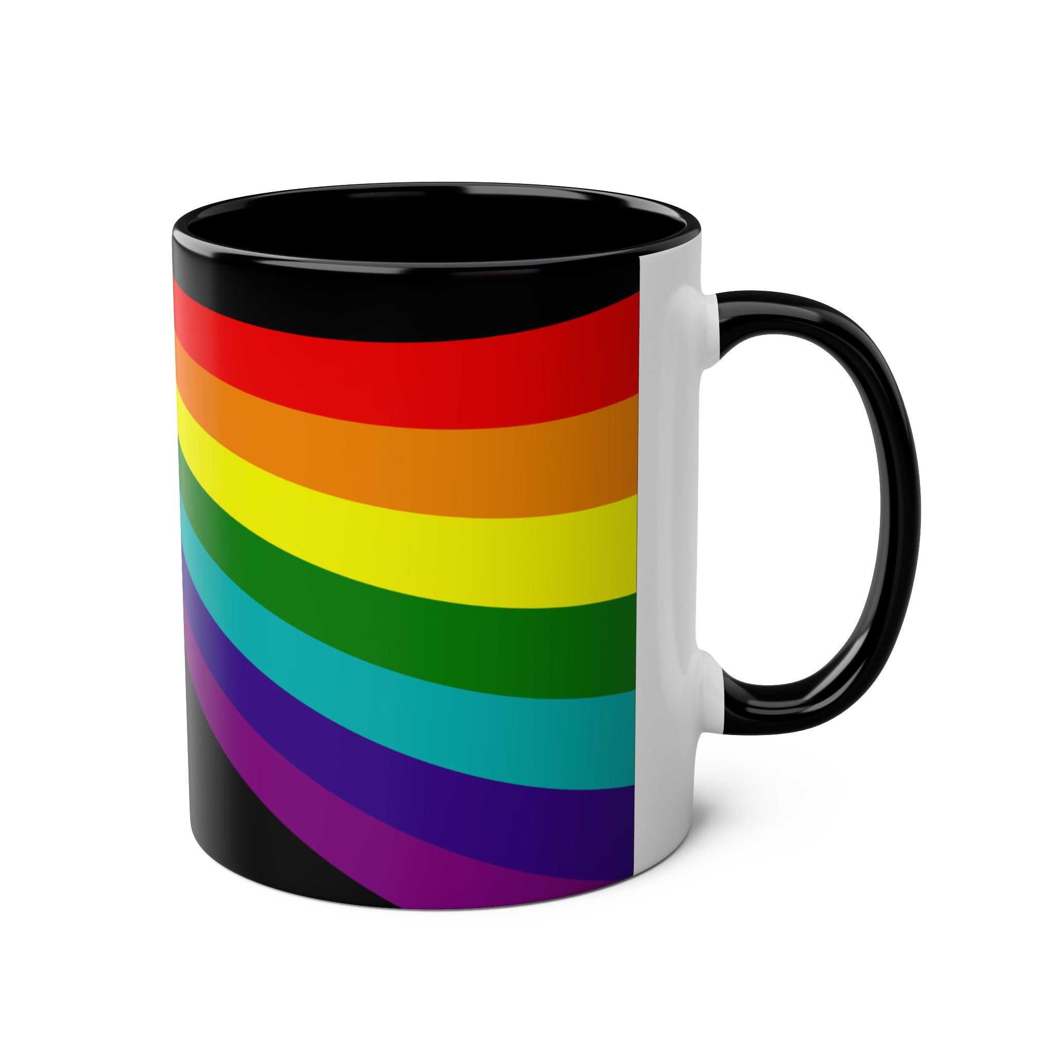 LGBTQ+ Pride mug with vibrant rainbow design, glossy finish, high-quality ceramic, and black handle.
