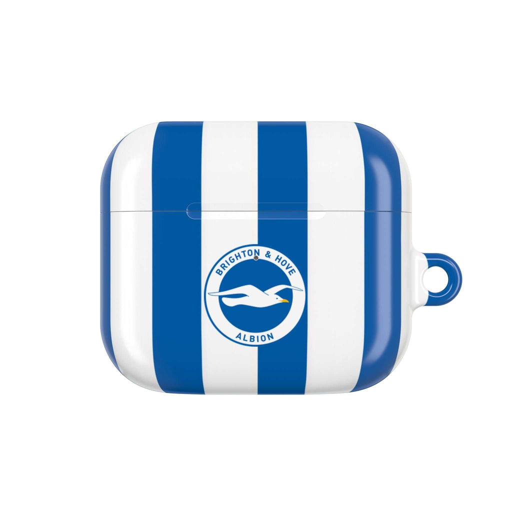 Brighton FC AirPods protective case with blue and white stripes and club crest, shock-resistant and compatible with wireless charging