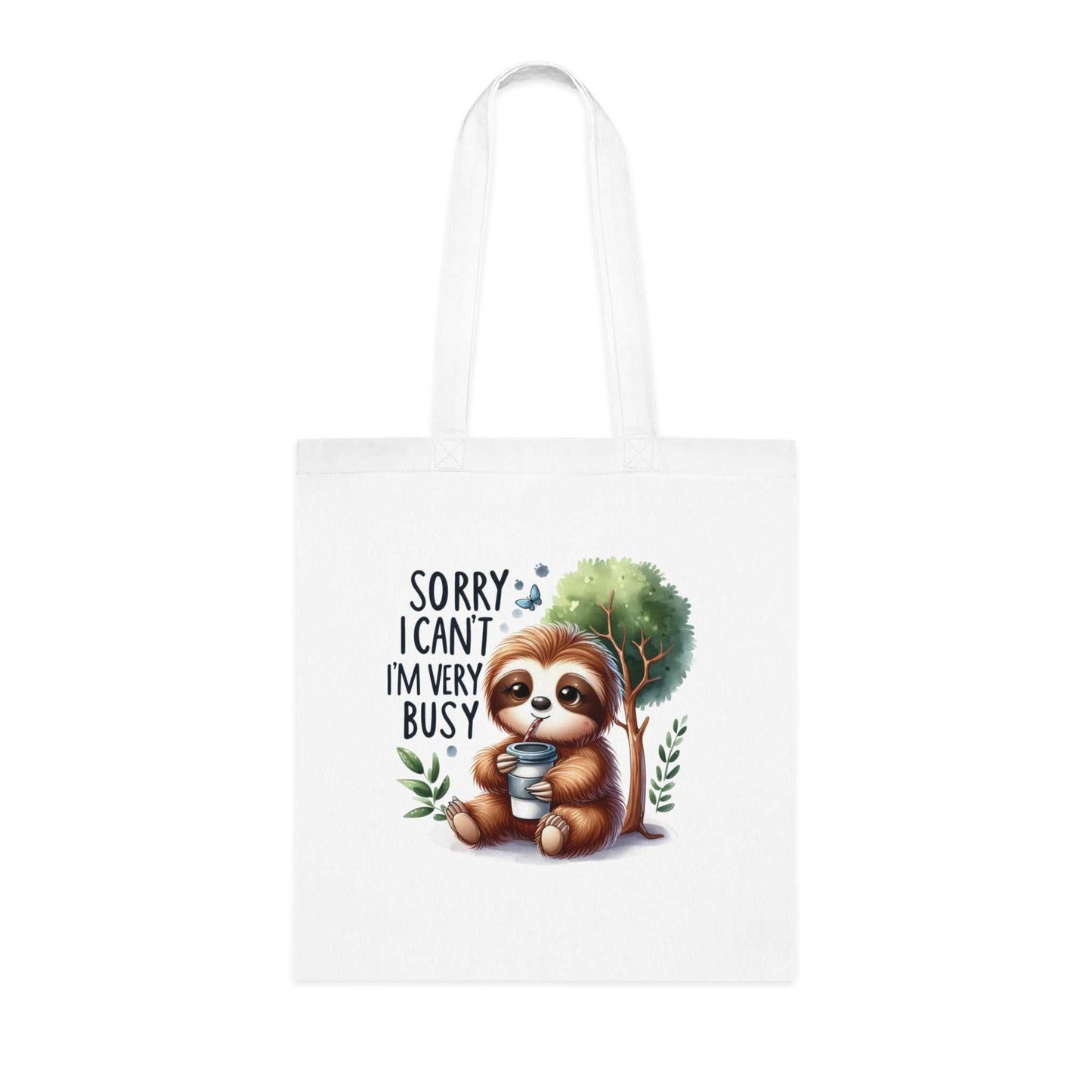 Cute sloth design on cotton tote bag with text "Sorry I can't, I'm very busy," perfect for daily use.