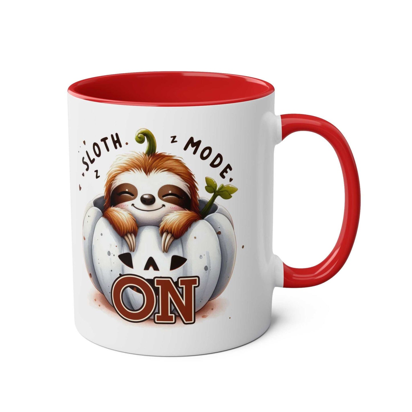 Cute sloth coffee mug with red handle and sloth mode design.