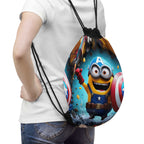 Minion Captain America drawstring bag with superhero design, lightweight durable polyester, easy drawstring closure, kid-friendly gym or school bag