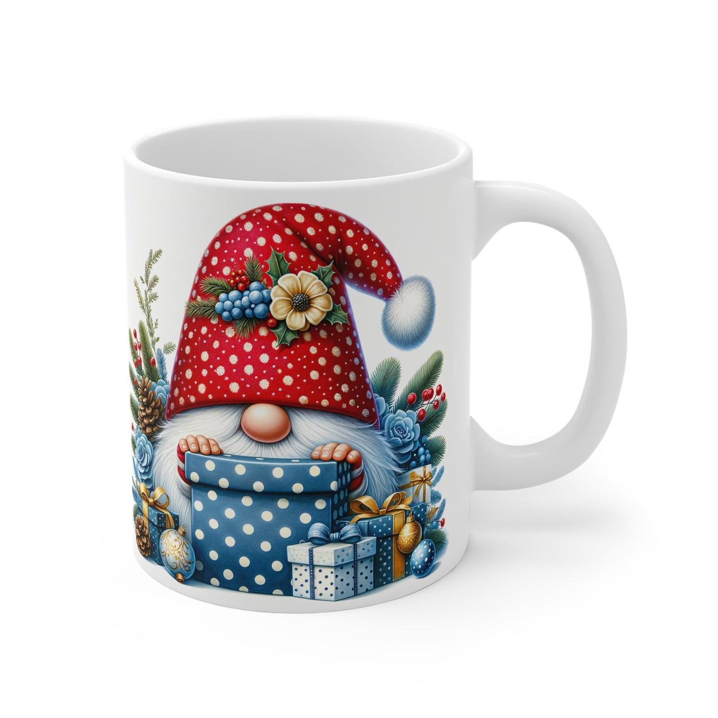 Christmas Gnome Mug with festive design, 11oz ceramic, sublimation printed, glossy finish, microwave and dishwasher safe.