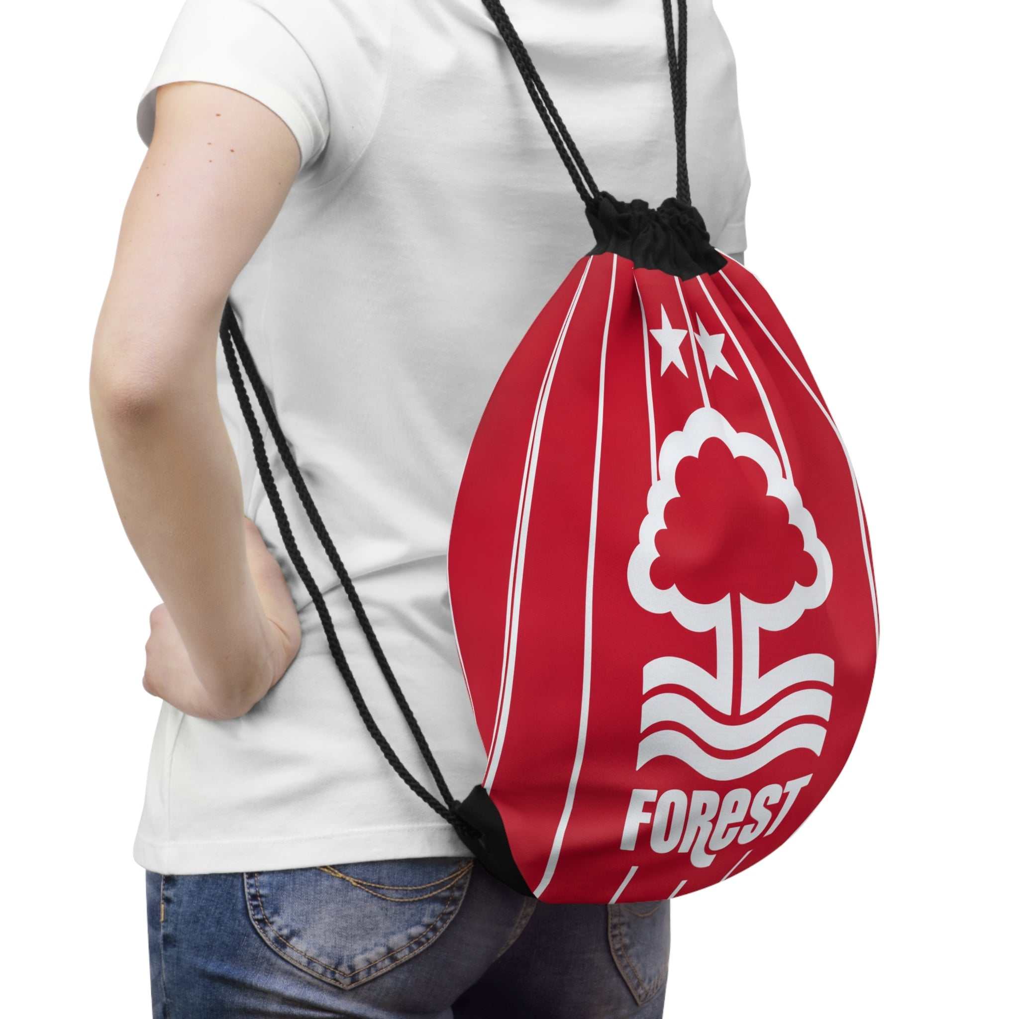 Nottingham Forest drawstring bag in red with iconic tree crest, lightweight polyester, durable, spacious for gym or school use.
