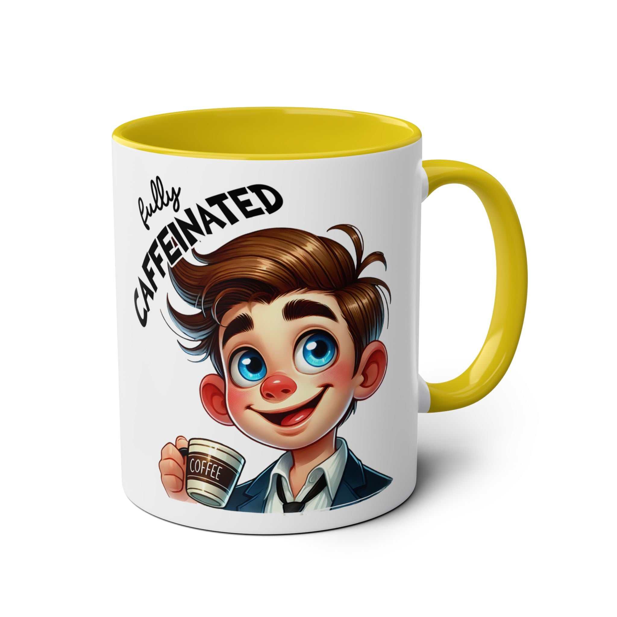 Fun Sarcastic Coffee Mug with humorous design, featuring a colorful cartoon character and "fully caffeinated" text, ideal for sarcastic coffee lovers.