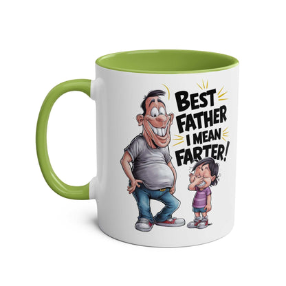 Fun Fathers Day Gift Mug with cartoon design and "Best Father I Mean Farter" text, green handle and interior.