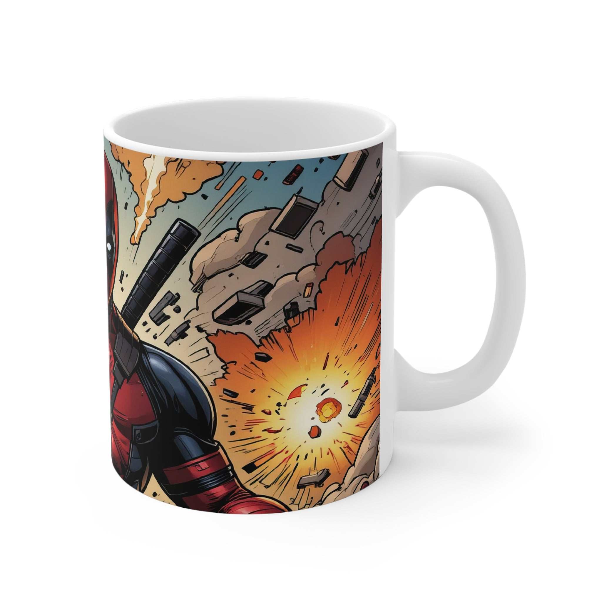 Deadpool inspired comic superhero ceramic mug with bold comic design and explosion artwork