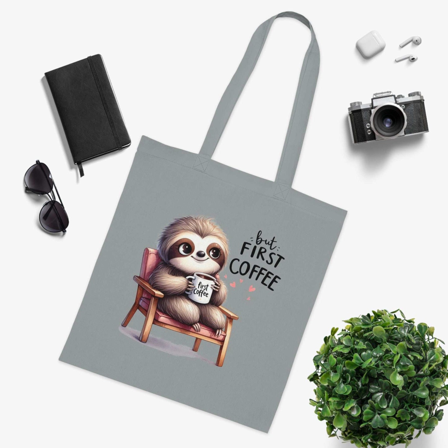 Cute sloth tote bag with coffee design, cotton fabric, perfect for essentials and gifts.