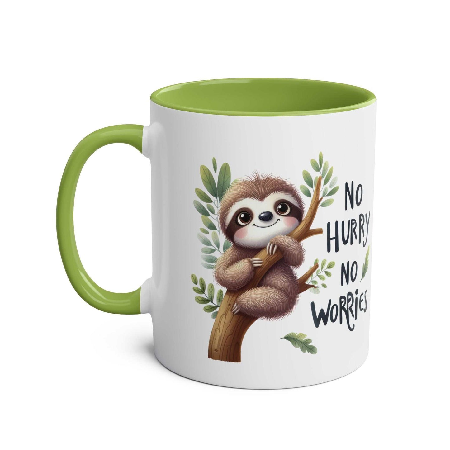 Cute sloth coffee mug with green handle and whimsical design.