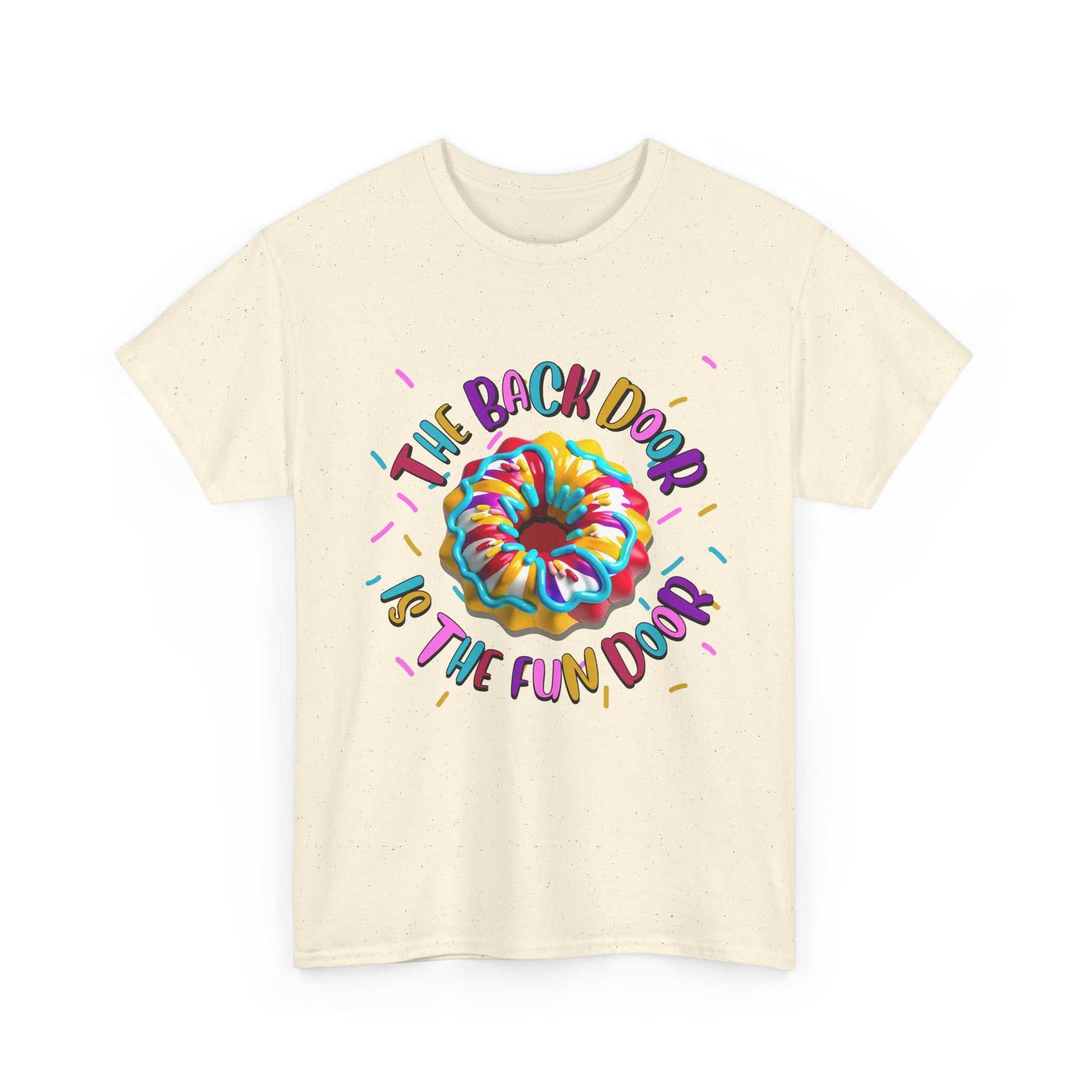 The Back Door is the Fun Door cheeky t-shirt with bold text and door graphic