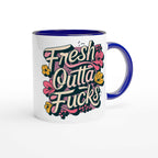 Fresh Outta Fucks Fun Mug, 11oz ceramic with colorful design and blue handle, perfect for beverages.