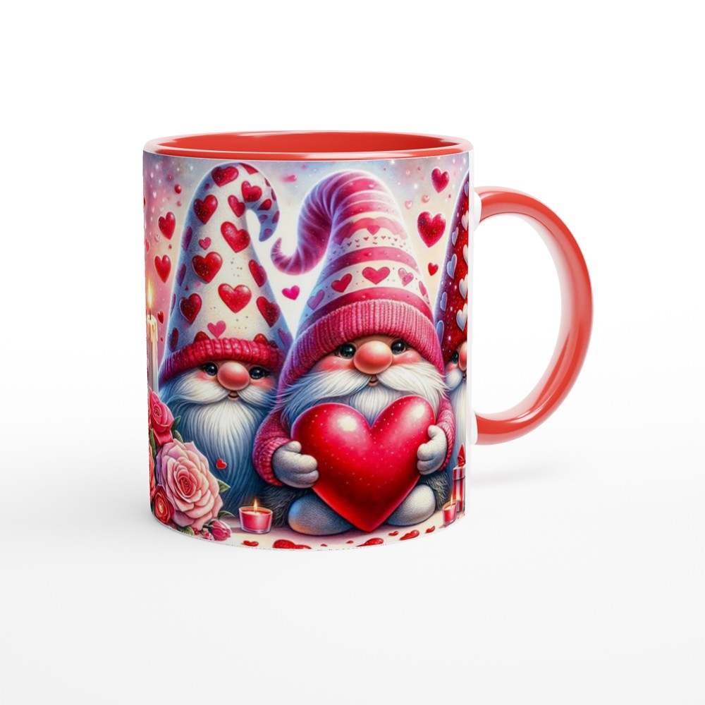 Gnome Valentines Day mug with red hearts, ceramic, 11oz, perfect gift for coffee lovers.