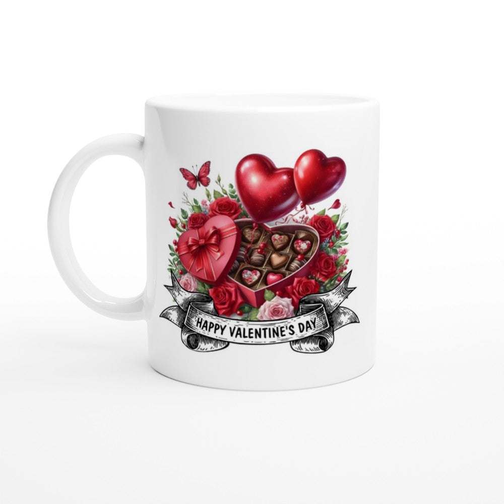 Valentine's Day ceramic mug with heart and rose design.