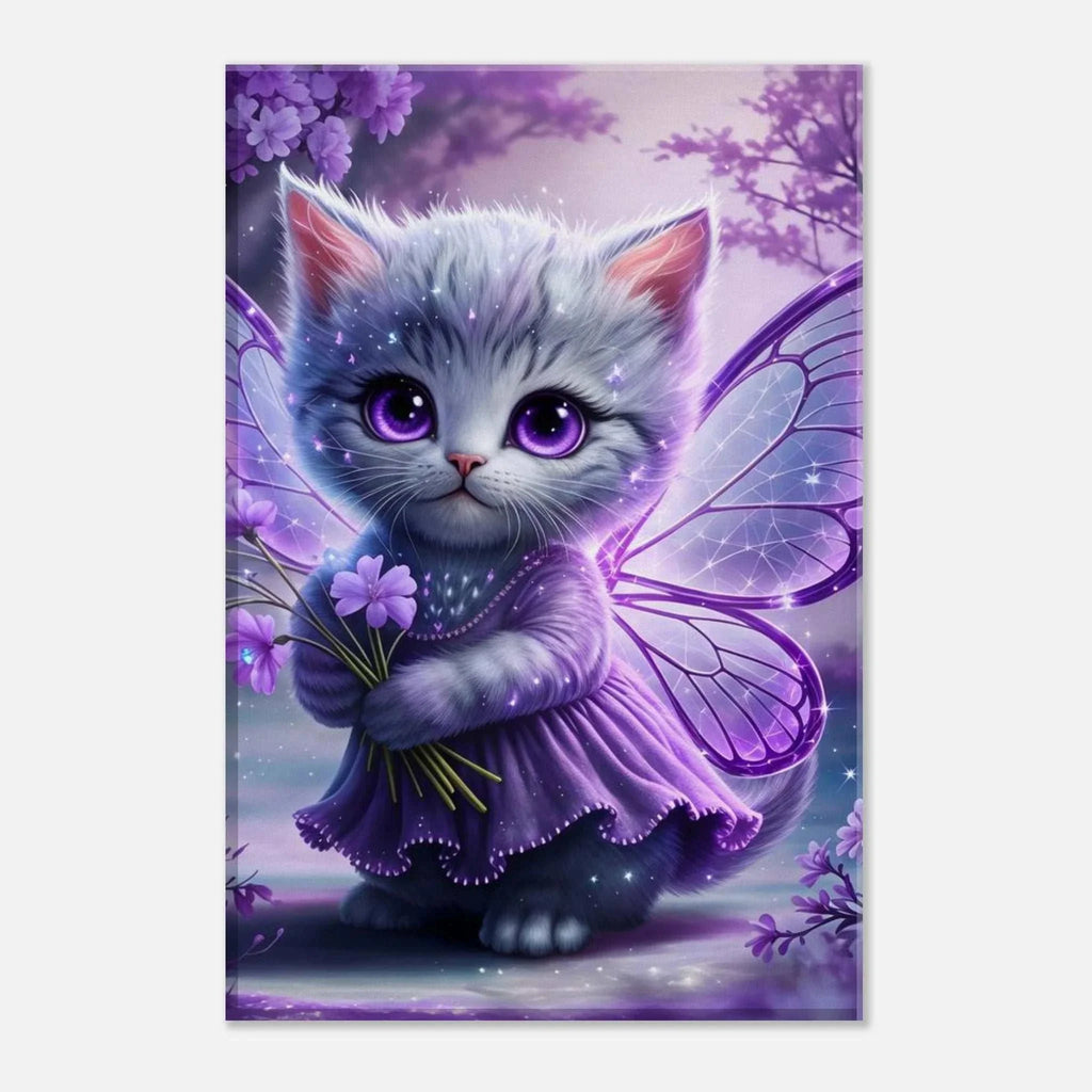 Adorable fairy kitten wall canvas with whimsical design and delicate wings.