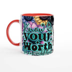 Know Your Worth motivational coffee mug with colorful design and red accents.