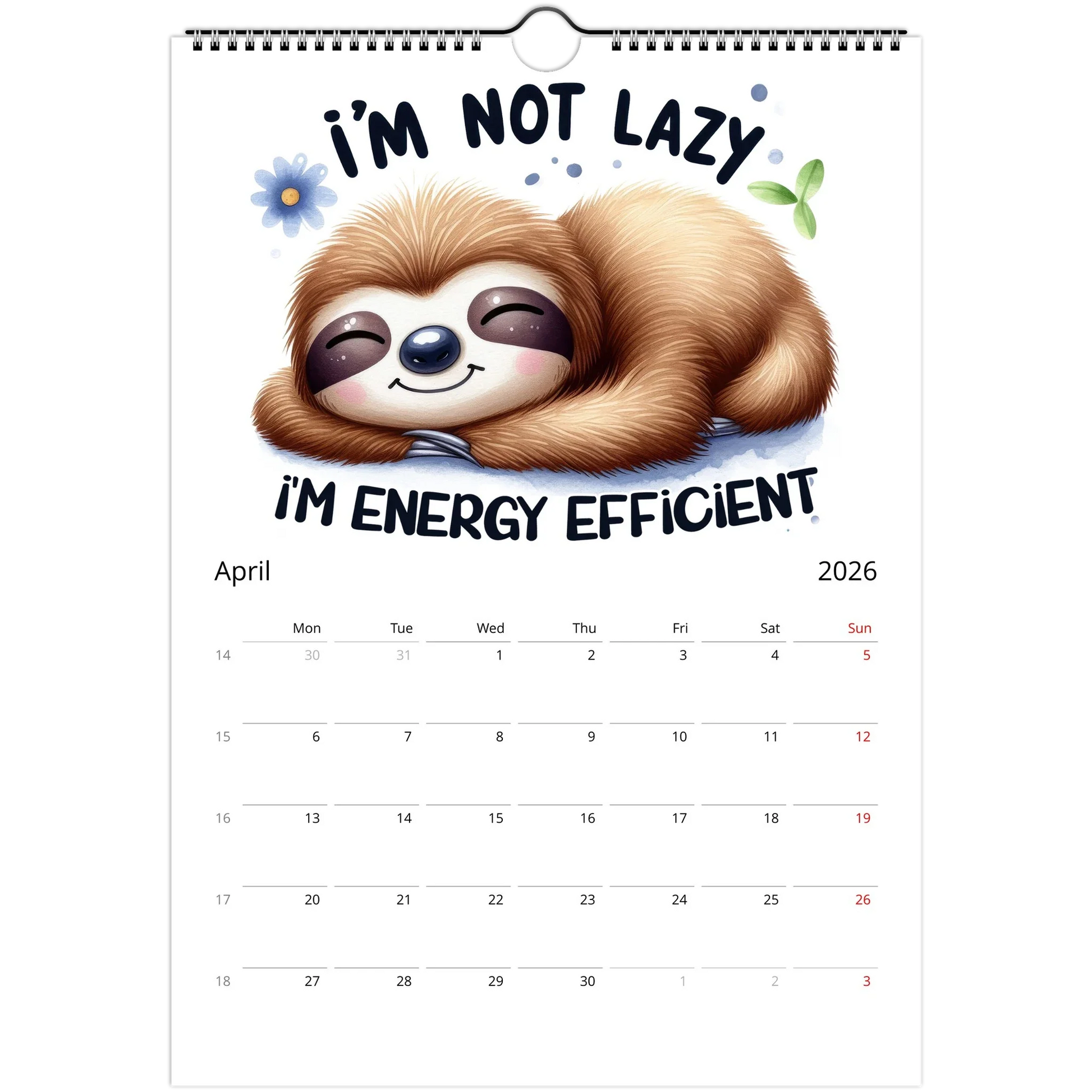 Adorable Sloth Wall Calendar 2026 featuring a cute sloth illustration and monthly date squares for notes and reminders