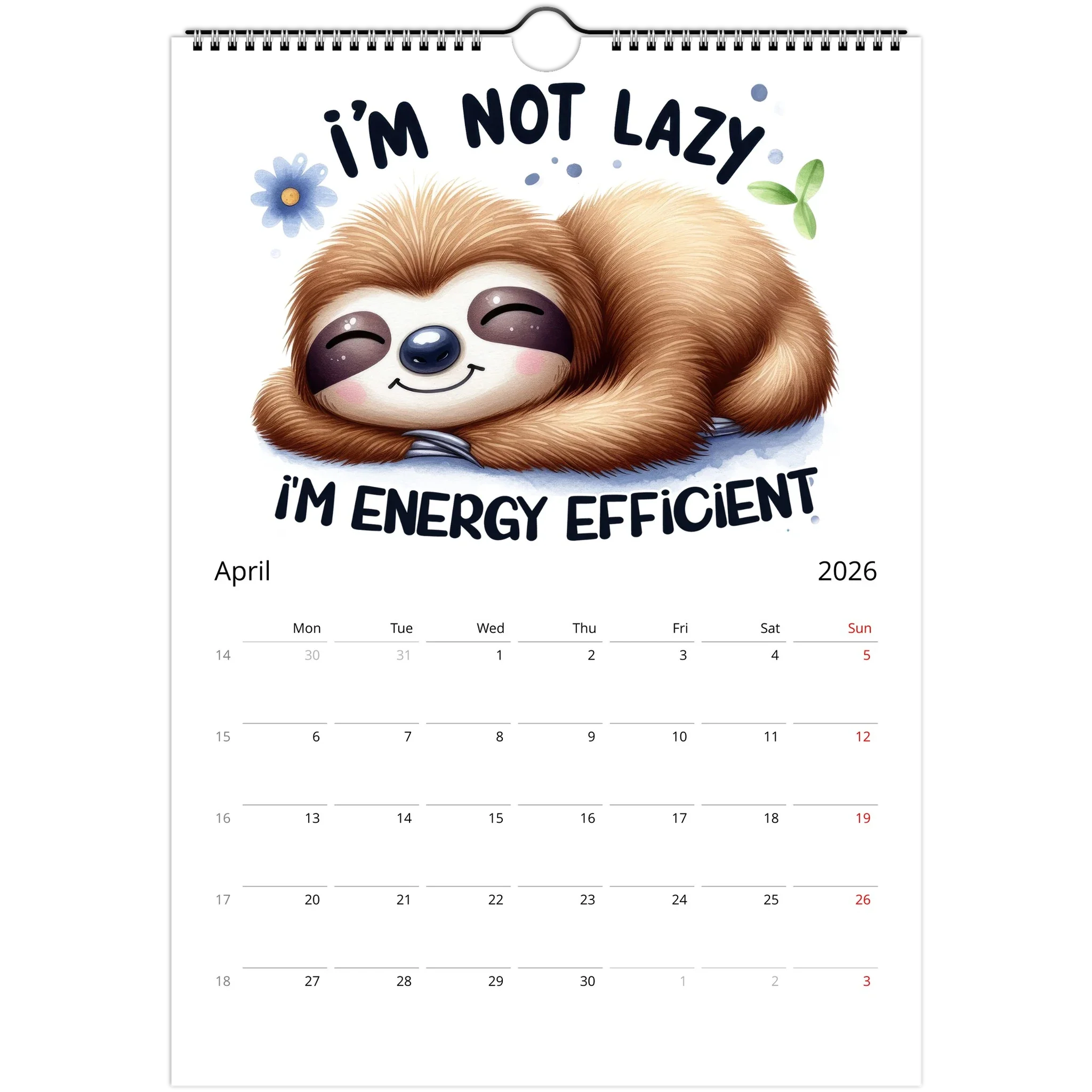 Adorable Sloth Wall Calendar 2026 featuring a cute sloth illustration and monthly date squares for notes and reminders