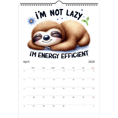 Adorable Sloth Wall Calendar 2026 featuring a cute sloth illustration and monthly date squares for notes and reminders