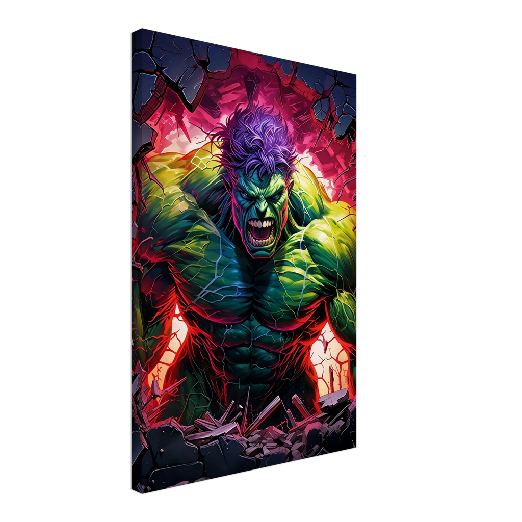 Incredible Hulk Wall Canvas with vibrant green and purple hues, perfect for superhero-themed decor.