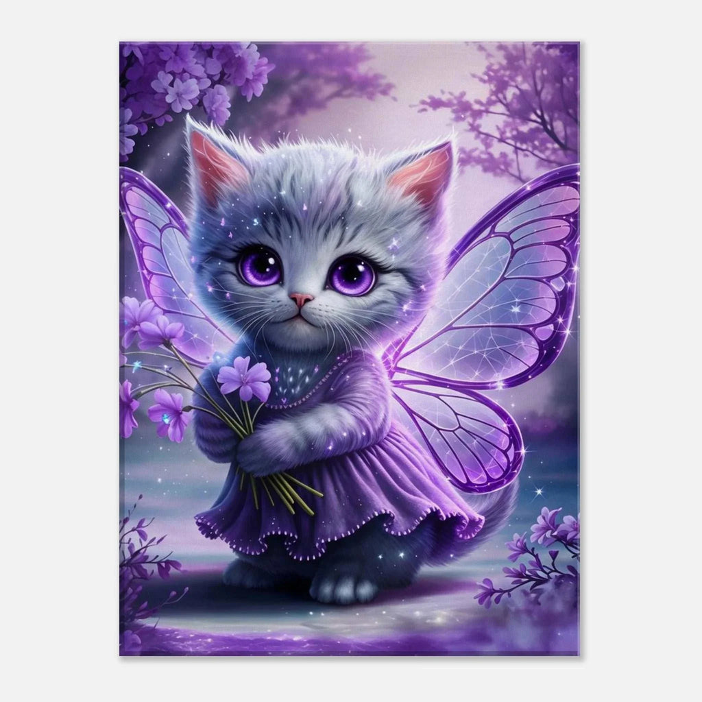 Adorable Fairy Kitten Wall Canvas featuring a whimsical kitten with fairy wings in a magical setting.