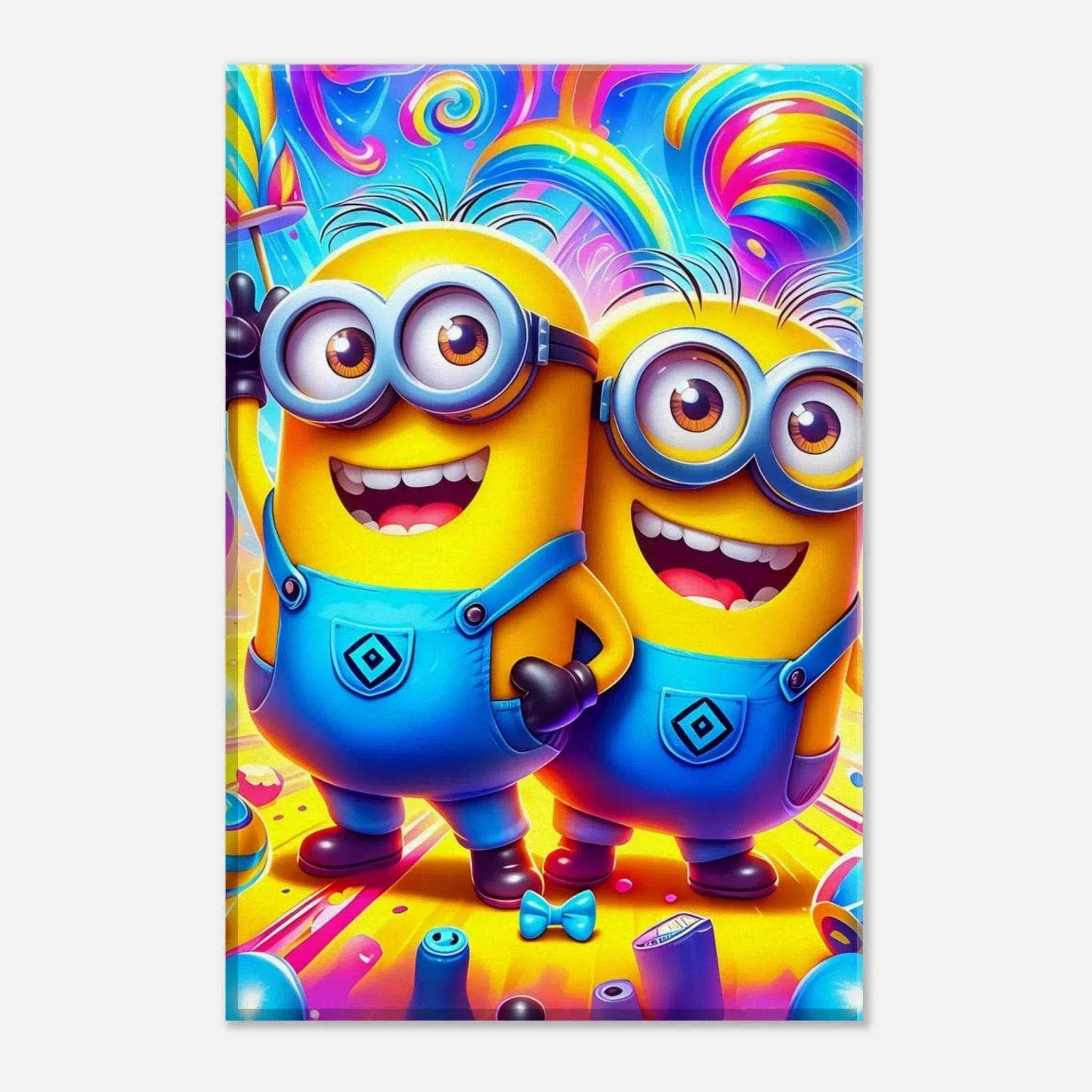 Minions wall canvas featuring vibrant colors and playful characters for kids' rooms.