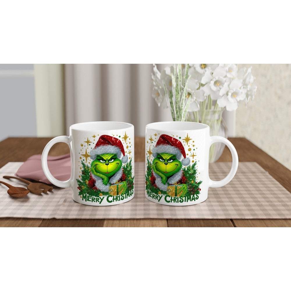 Grinch Merry Christmas Mug with playful festive design, 11oz ceramic, glossy finish, microwave, and dishwasher safe.